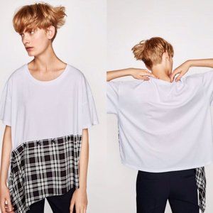Zara Oversized White Plaid Asymmetrical Tee M